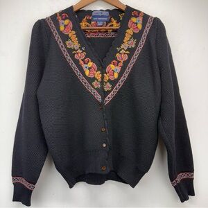 Vintage Herman Geist size Medium Women’s Black Hand Embroidered Cardigan Sweater